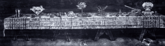 herd of sheep on road painting