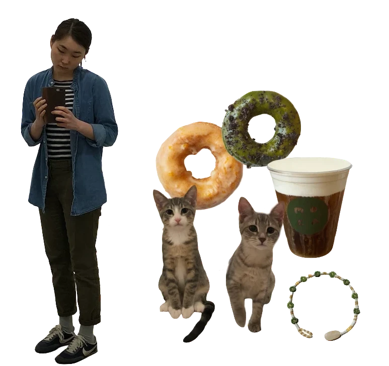 (me, things i made, and my cats, maru + haru)