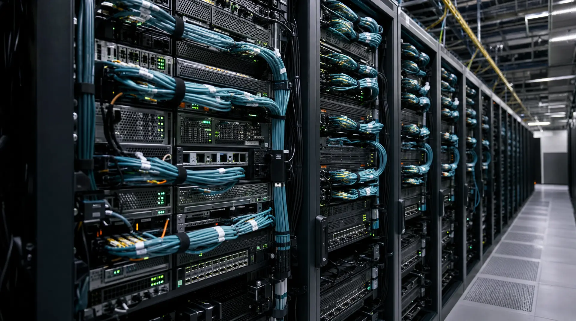 Neatly arranged server racks with blue network cables and glowing status LEDs, representing edge computing companies and scalable infrastructure.