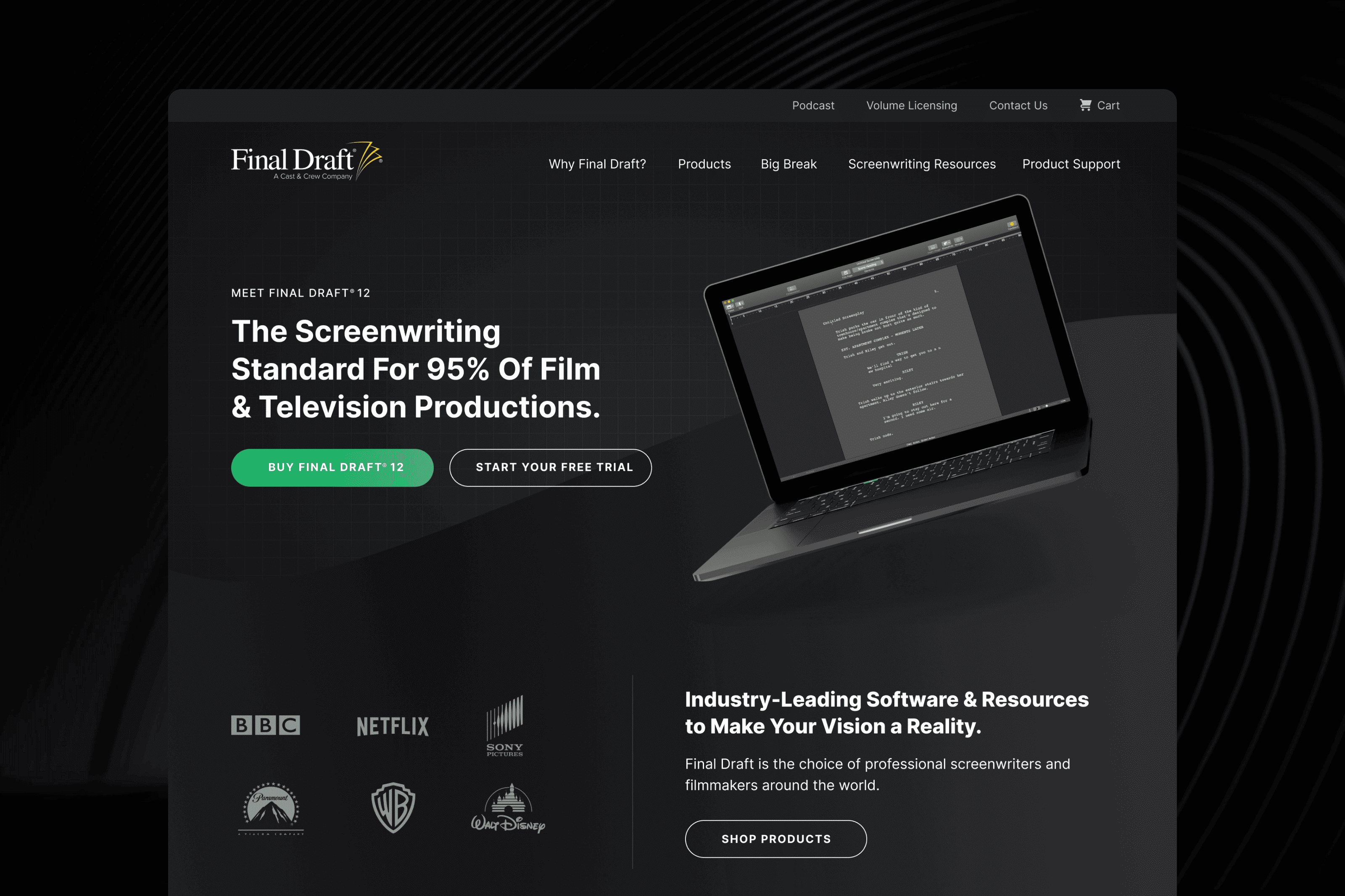 Screenshot of the Final Draft homepage on a dark background