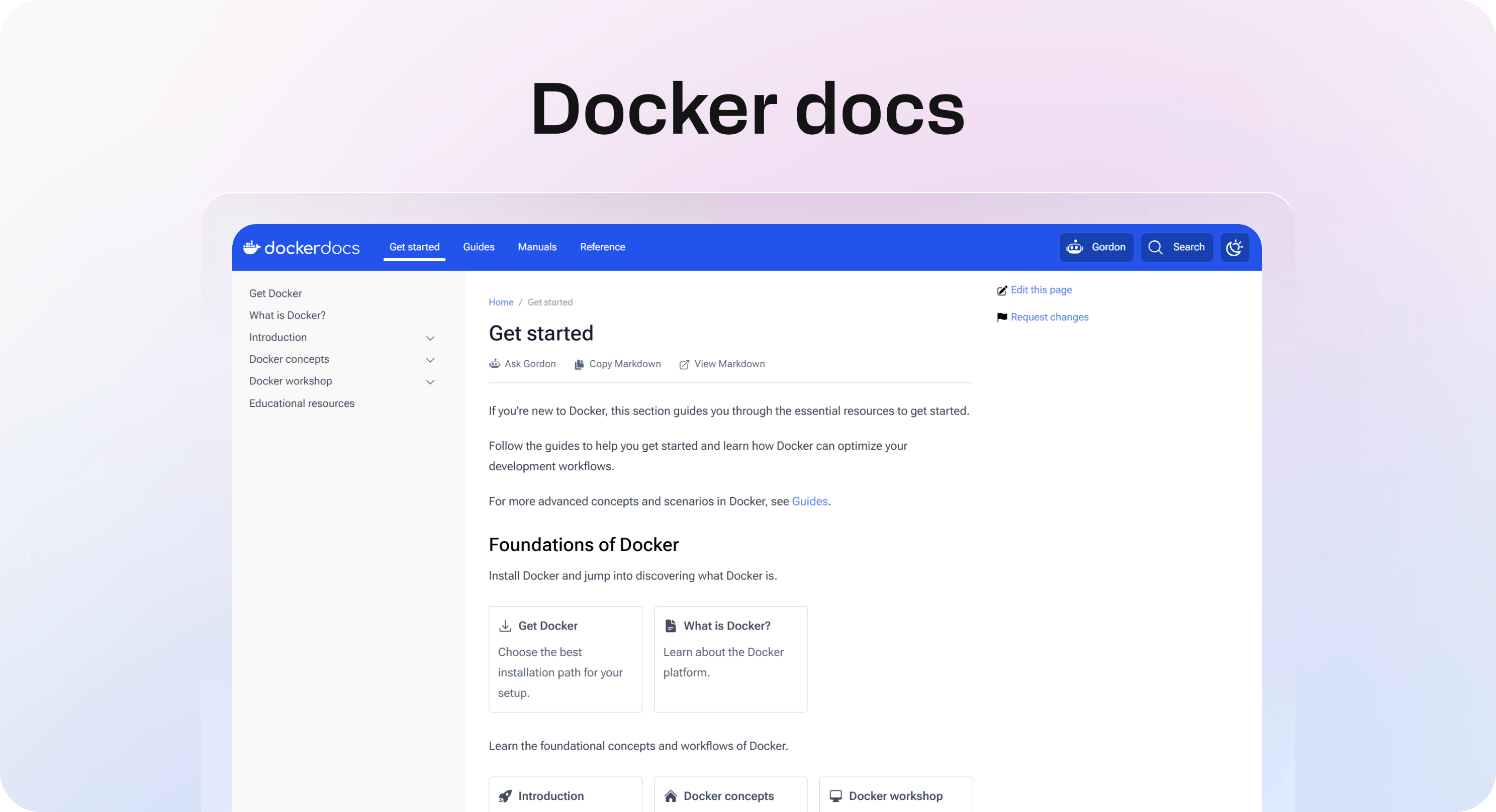 Docker documentation getting started page with guides, concepts, and installation resources