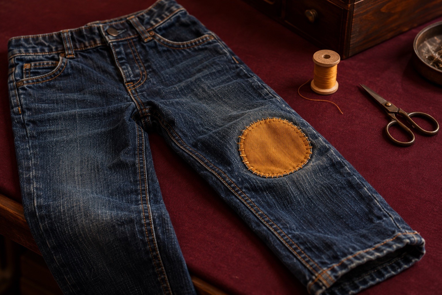 Un pantalon en jean avec un renfort ocre cousu au genou, posé sur une surface bordeaux près d’une bobine et de ciseaux.