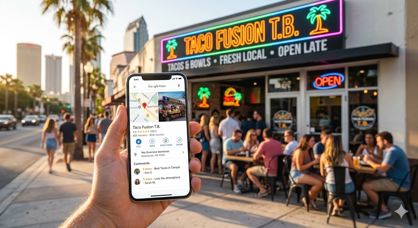 Hand holding a smartphone displaying a 5-star Google Business Profile in front of a busy Tampa restaurant.