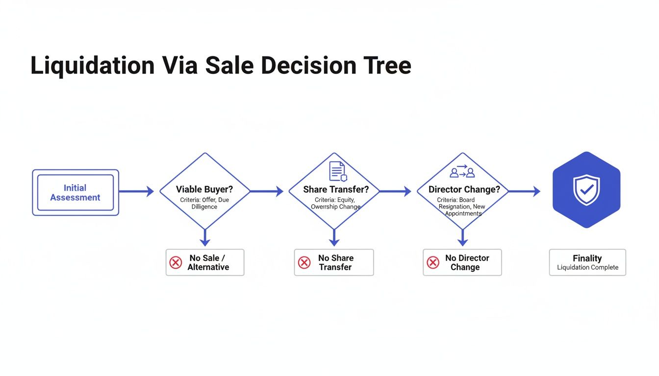 A decision tree flowchart outlining the steps for company liquidation via sale, from assessment to finality.