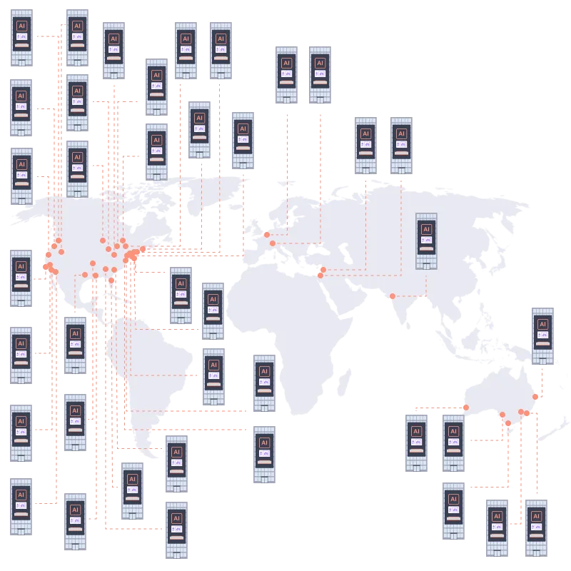 World map diagram illustrating the global distribution of BevelCloud infrastructure