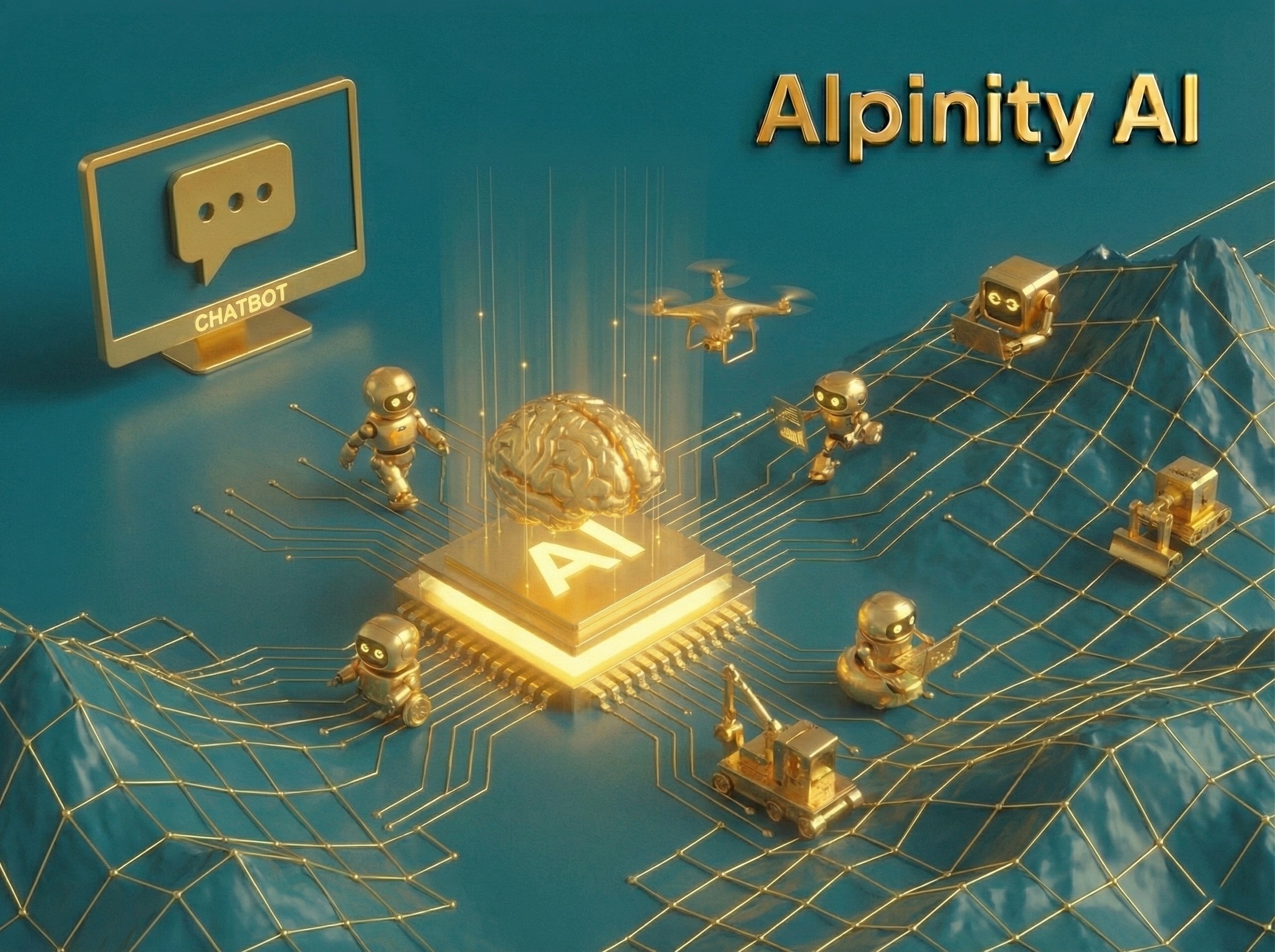 Zentrales goldenes KI-Gehirn steuert mehrere autonome Roboter und Drohnen auf einem Netzwerkgrid, im Hintergrund ein statischer Chatbot-Bildschirm.