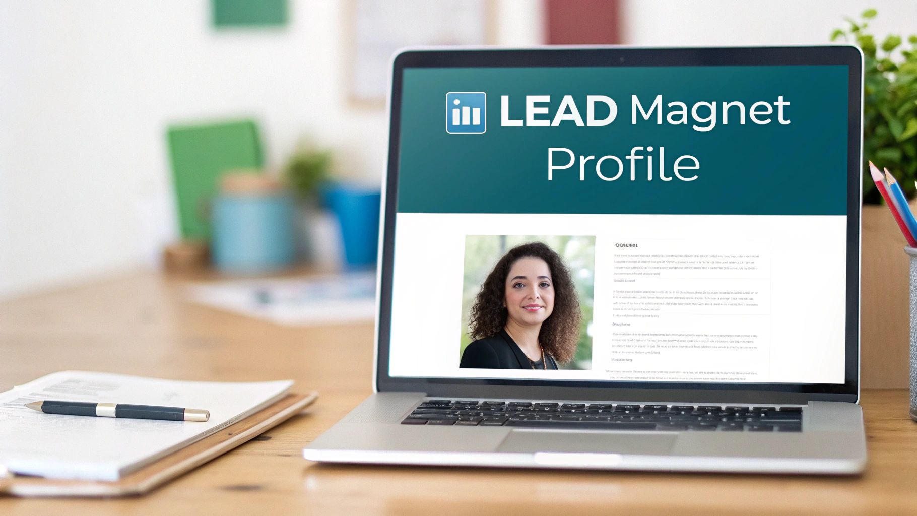 Laptop displaying a 'LEAD Magnet Profile' with a woman's photo, on a desk with a notebook and pencils.