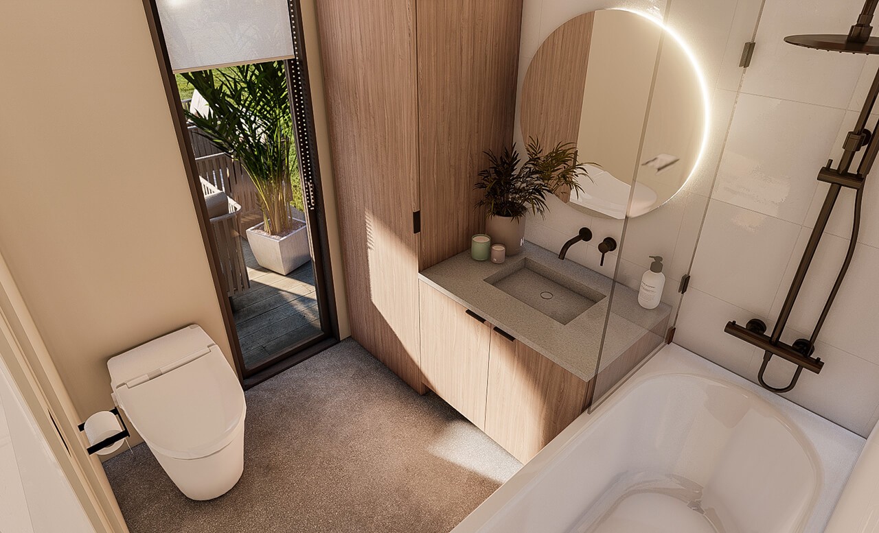 Bathroom layout with laundry cupboard for washer and dryer, compost toilet and bath/shower combo