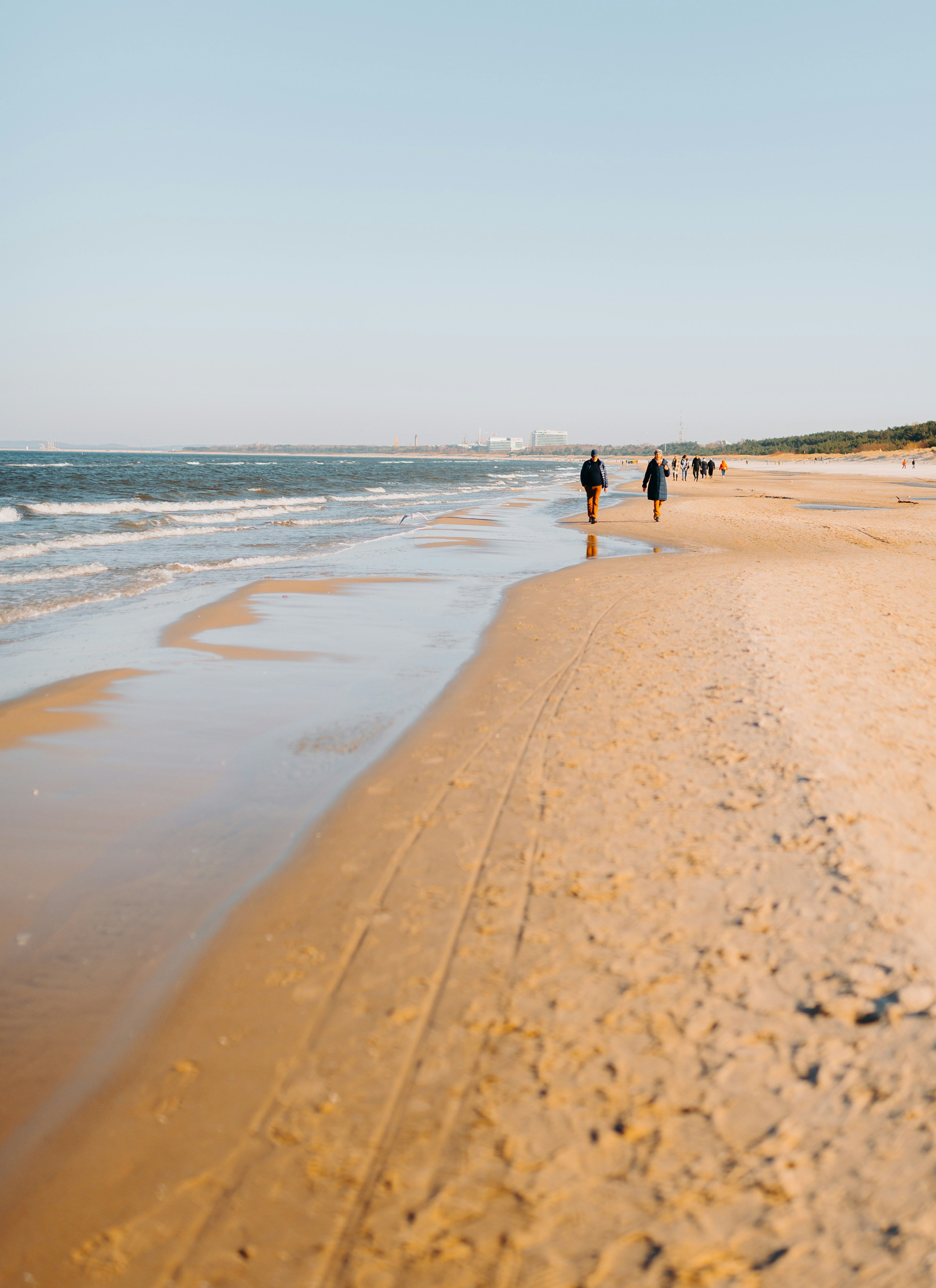a couple of people walking along a beach next to the ocean