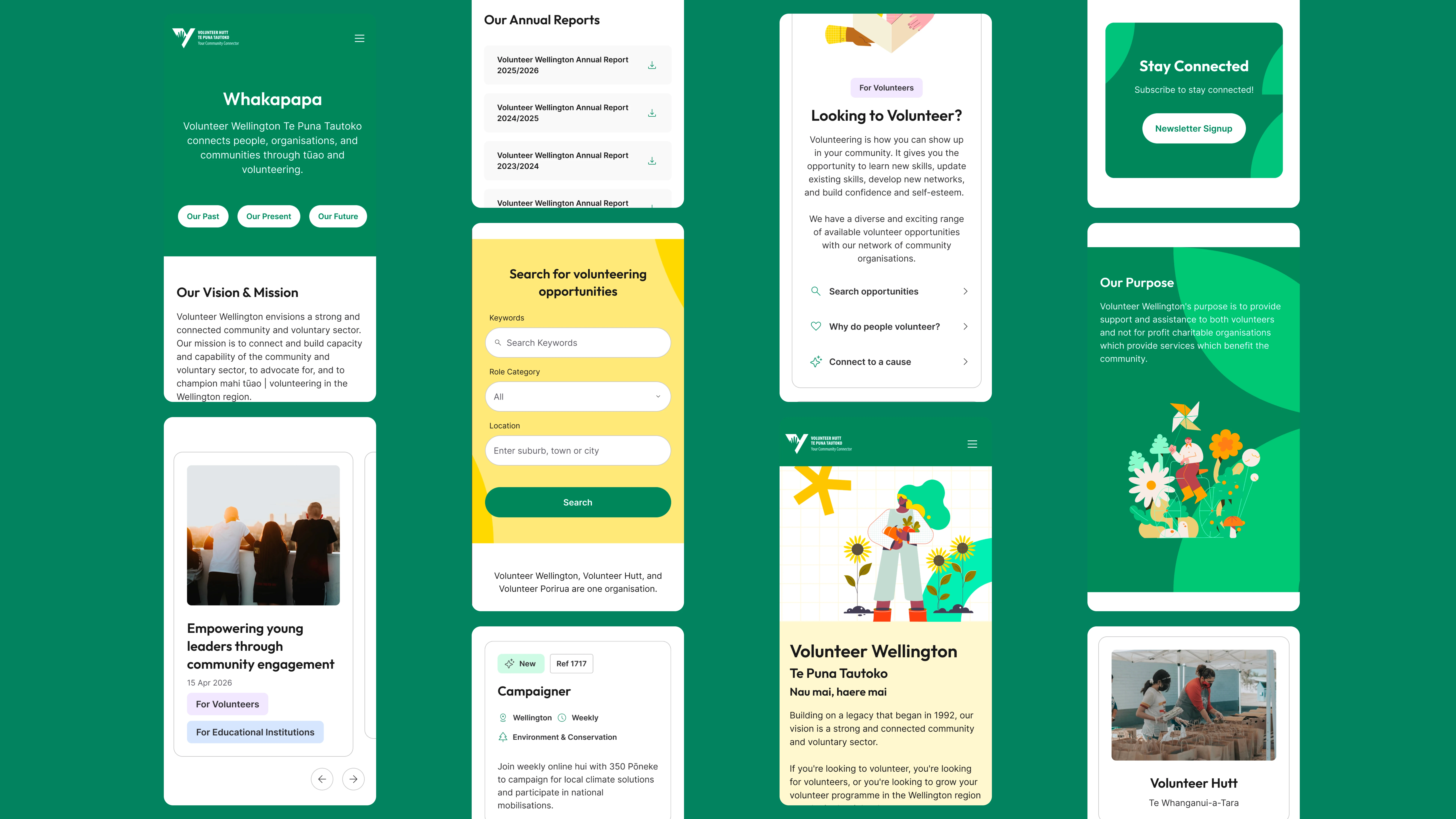 collage of mobile design screens for the Volunteer Wellington