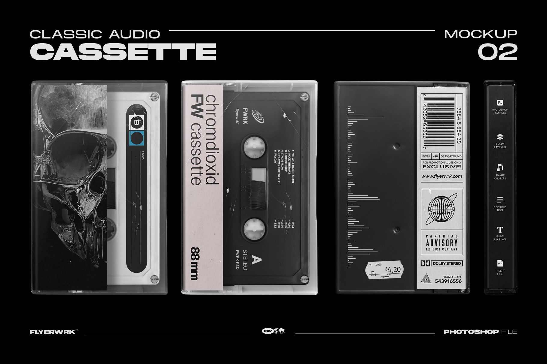 Cassette Case Mockup 02 showing the front cover, back J-card, and side spine views.