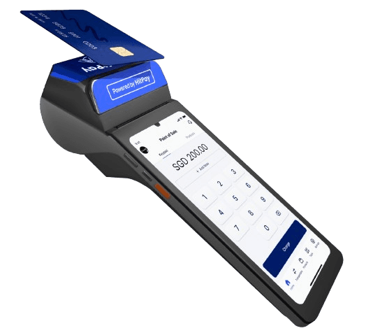 Black handheld mobile payment terminal or point-of-sale device on a plain background.