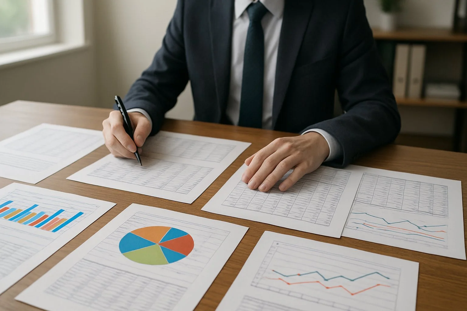 Accountant reviewing multiple spreadsheets and colorful charts spread across a wide desk, visually comparing and analyzing options.