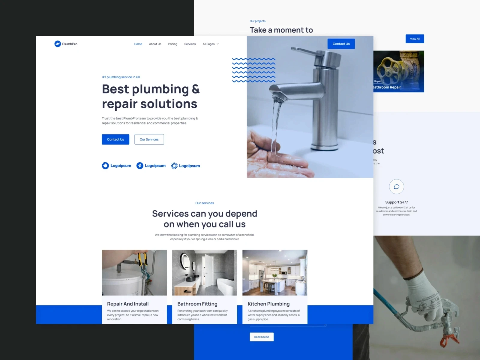 PlumbPro plumbing website template featuring a running faucet and service cards.
