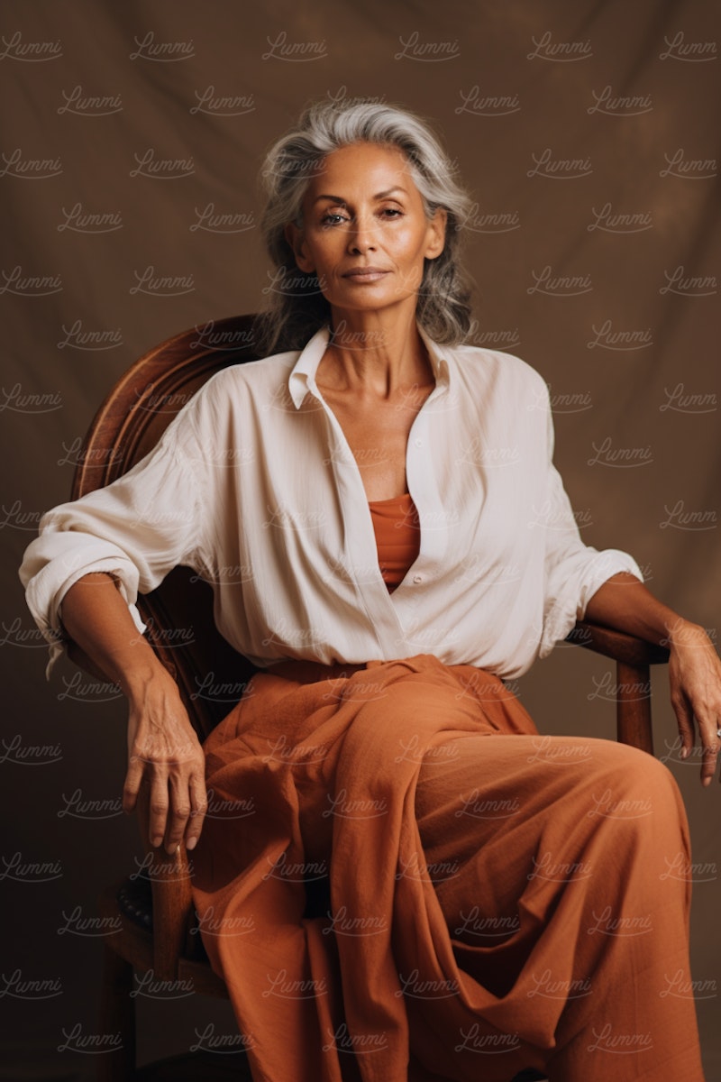 A woman with short gray hair sits confidently in a chair, wearing a white blouse and rust-colored pants against a textured backdrop.
