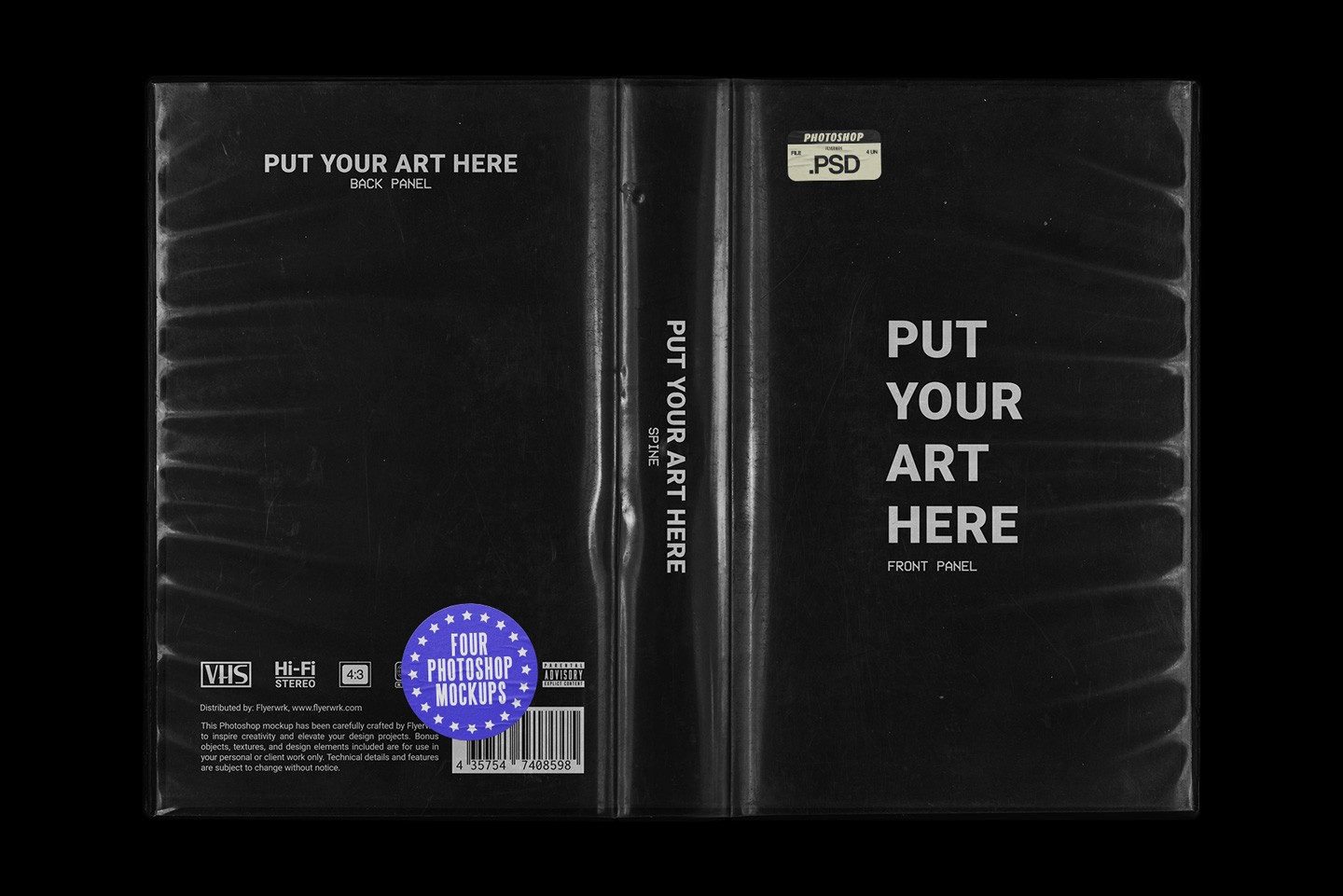 Vintage VHS cassette tape case mockup open layout showing front back and spine