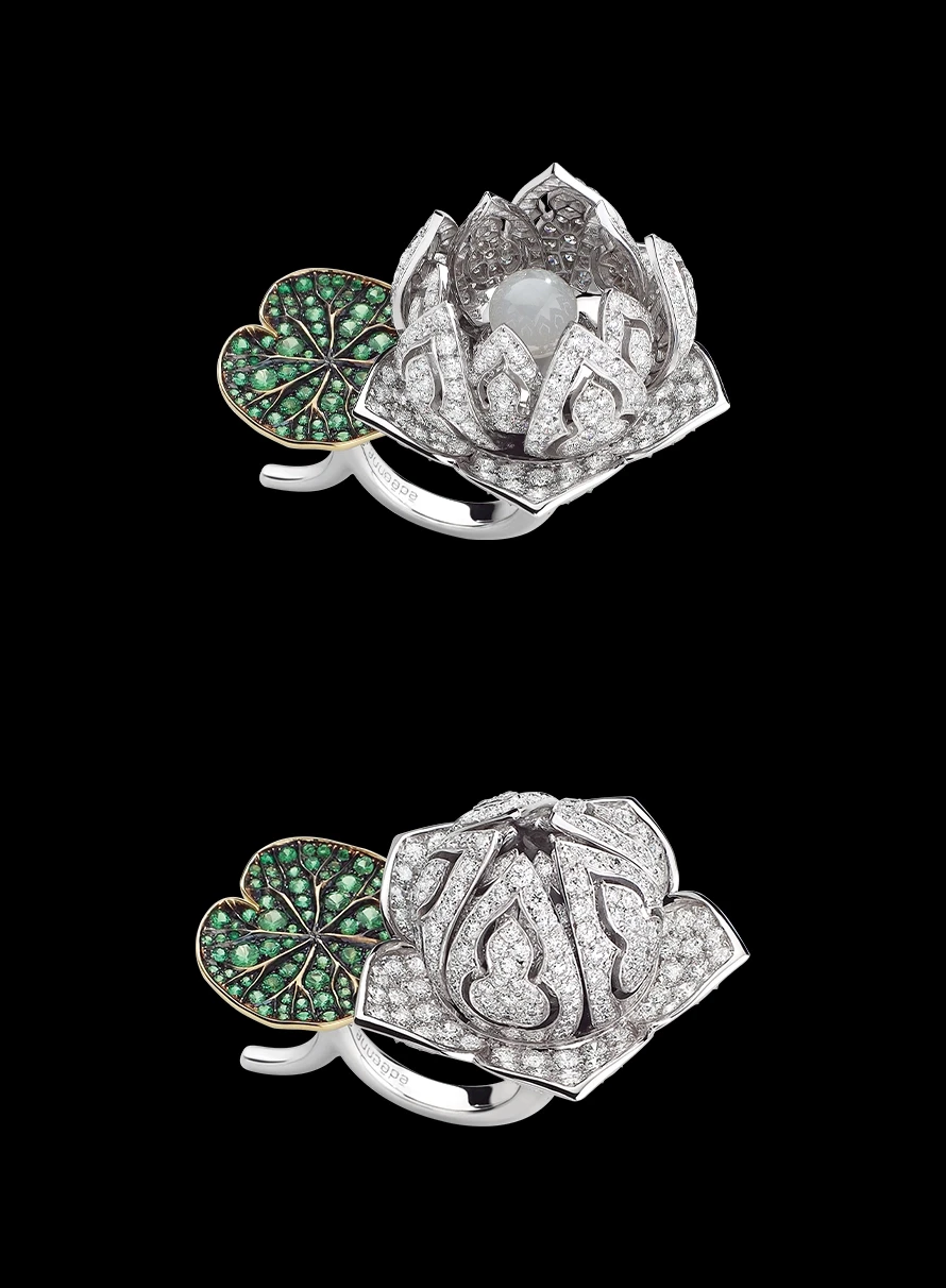 Bague Lotus mécanique Maison Édéenne, pavé de diamants, jade et émeraudes