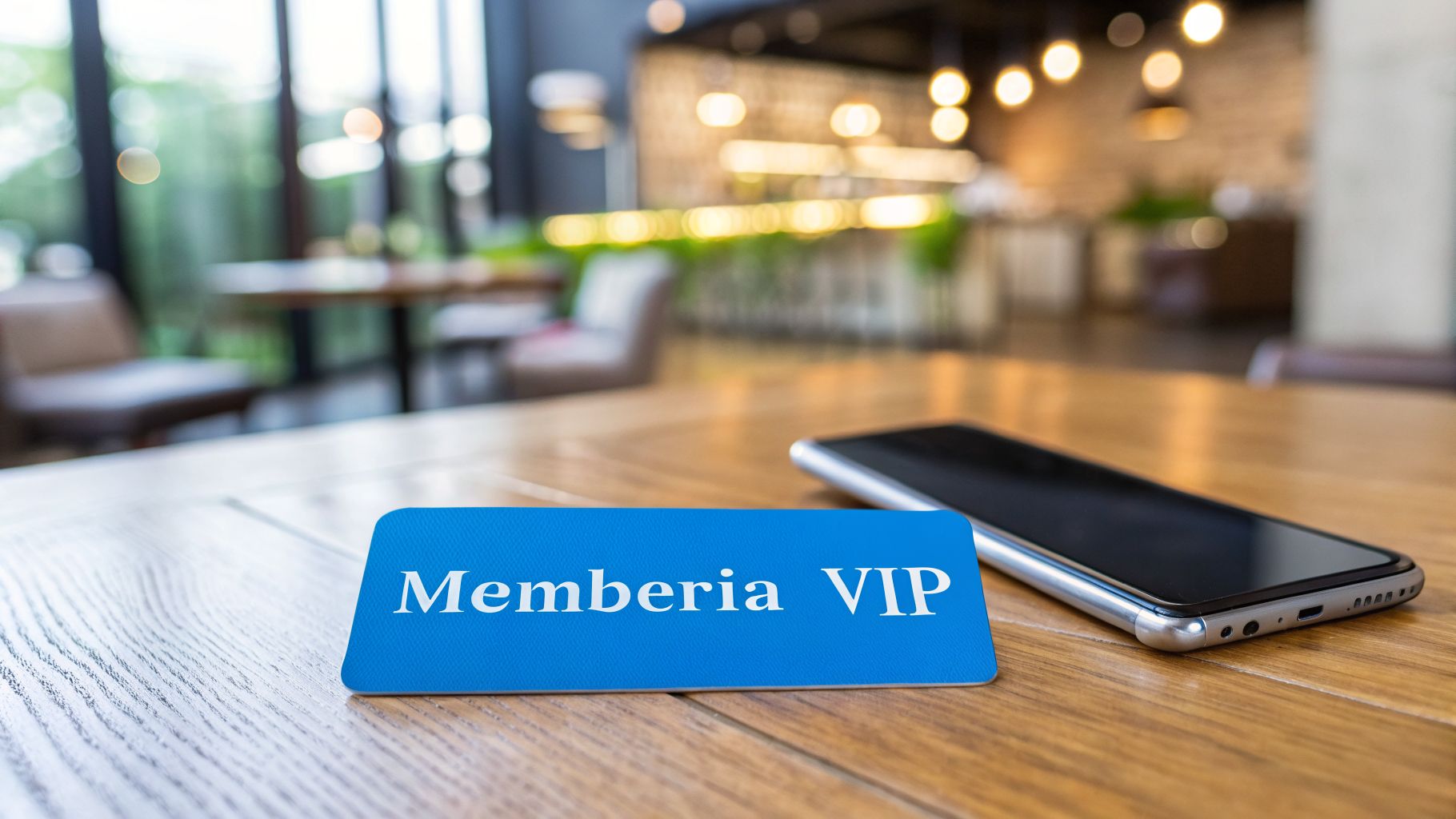Cartel azul de 'Memberia VIP' y smartphone en mesa de madera en un restaurante elegante.