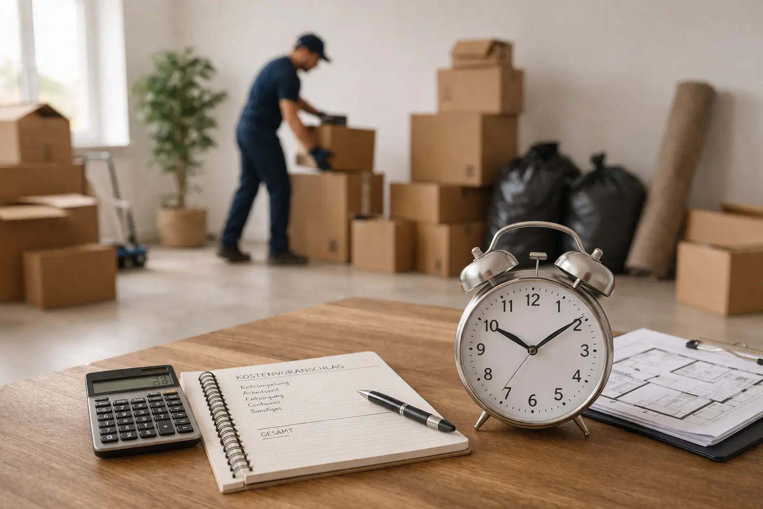 Entrümpelung einer Wohnung mit Mitarbeiter im Hintergrund sowie Uhr und Kostenunterlagen im Vordergrund zur Veranschaulichung von Dauer und Kosten einer Entrümpelung