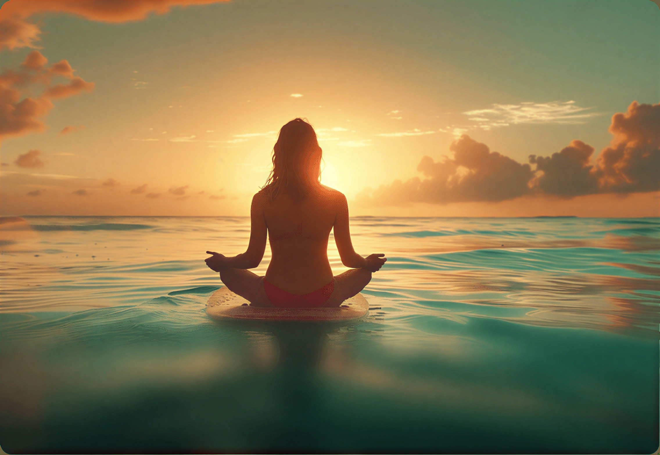 Serene woman meditates on surfboard floating in ocean at sunset.