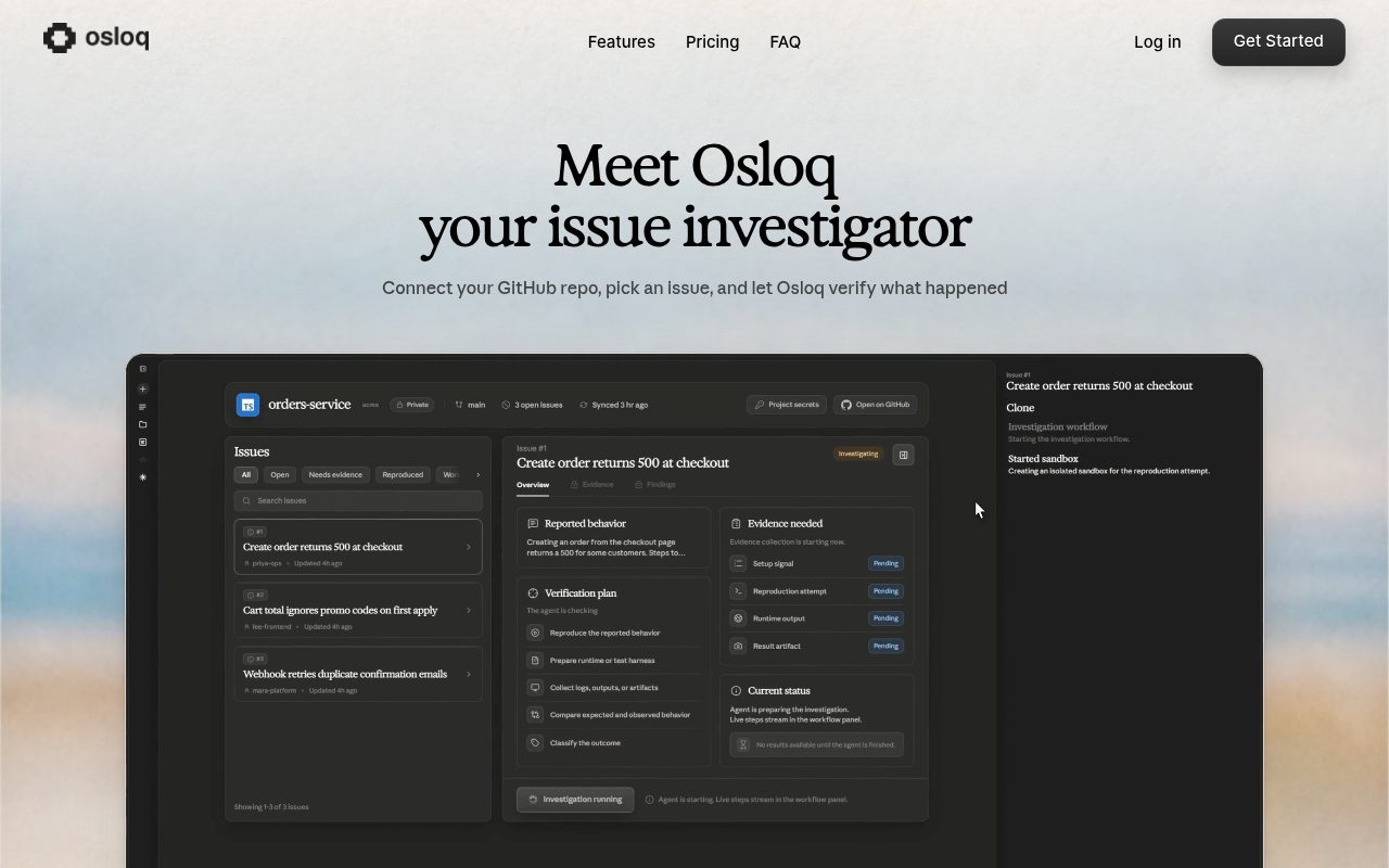 Osloq's investigation dashboard showing a GitHub issue being reproduced in a sandbox
