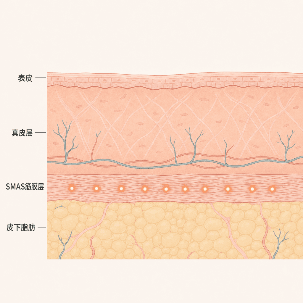 超声焦点聚集在表皮、真皮下方SMAS层深度的样子