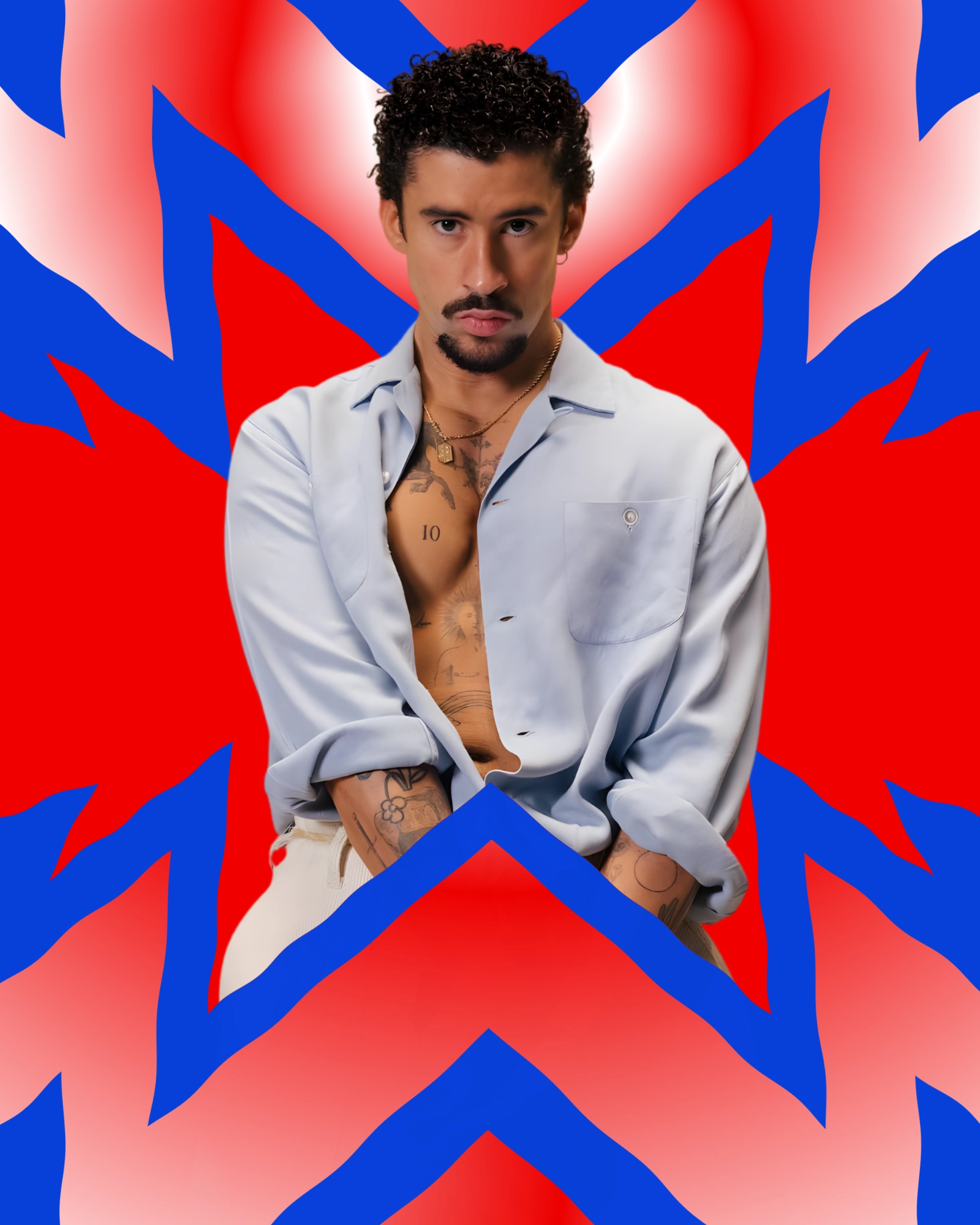 "Bad Bunny portrait for Caliente playlist visual identity, Latin music editorial design with bold red and blue graphic background"