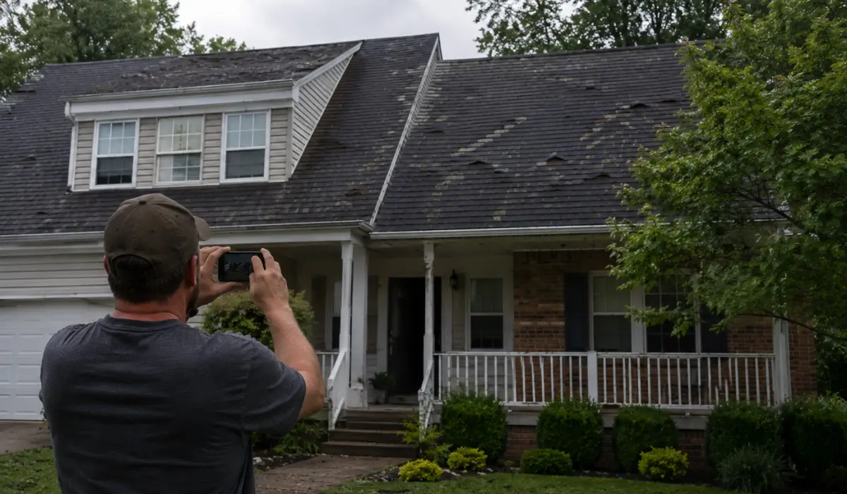 Roofing insurance claim Illinois homeowner photographing storm damaged roof for insurance documentation