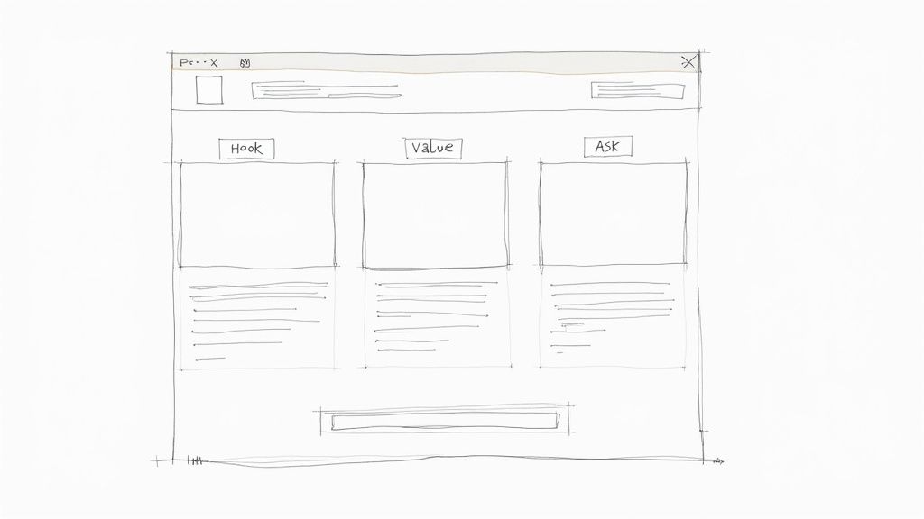 A wireframe or blueprint of an email layout on a screen, showing clear sections for a hook, value proposition, and call to action.