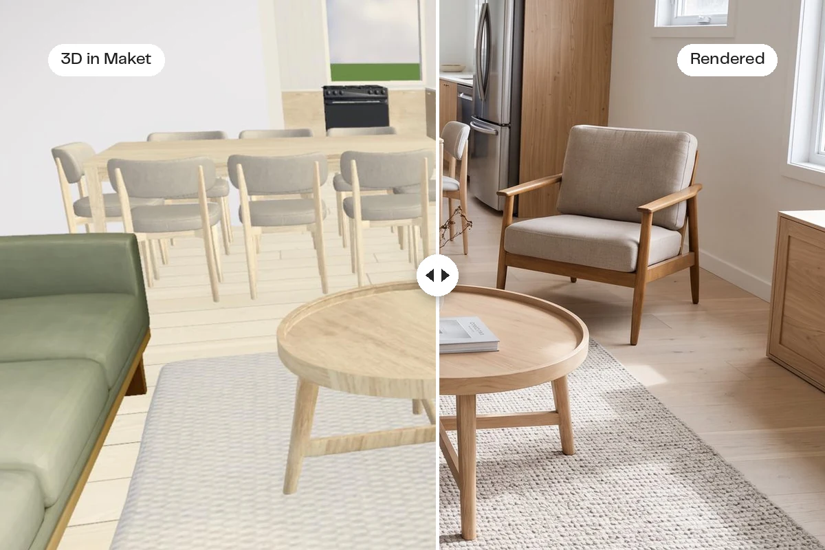 Before and after: the living room as a 3D model in Maket on the left, and the same view rendered on the right, with the homeowner's own armchair