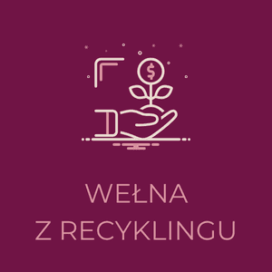 Minimalistyczny rysunek dłoni, rośliny i symbolu dolara oraz napis 'Wełna z recyklingu.