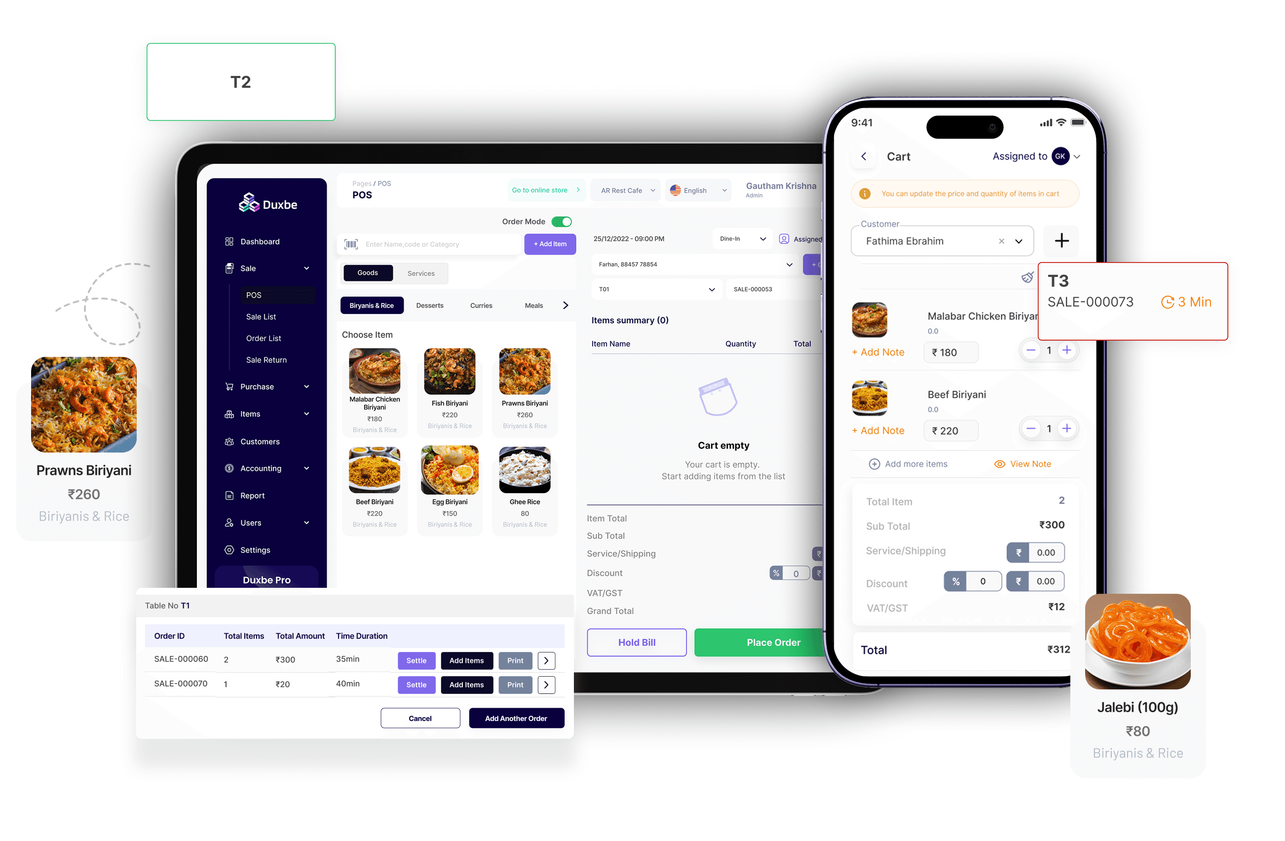 Restaurant ERP dashboard showing daily revenue, digital orders, live table status, food sales growth charts, and recent order activity