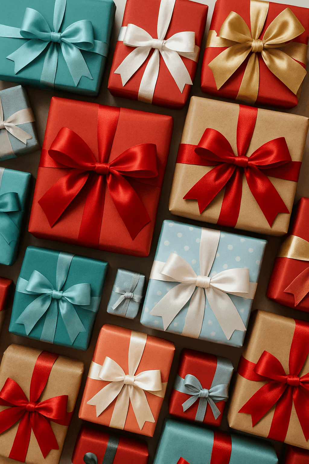 Présentation de nombreux cadeaux emballés avec des rubans colorés. Idéal pour Noël, anniversaires ou événements spéciaux.