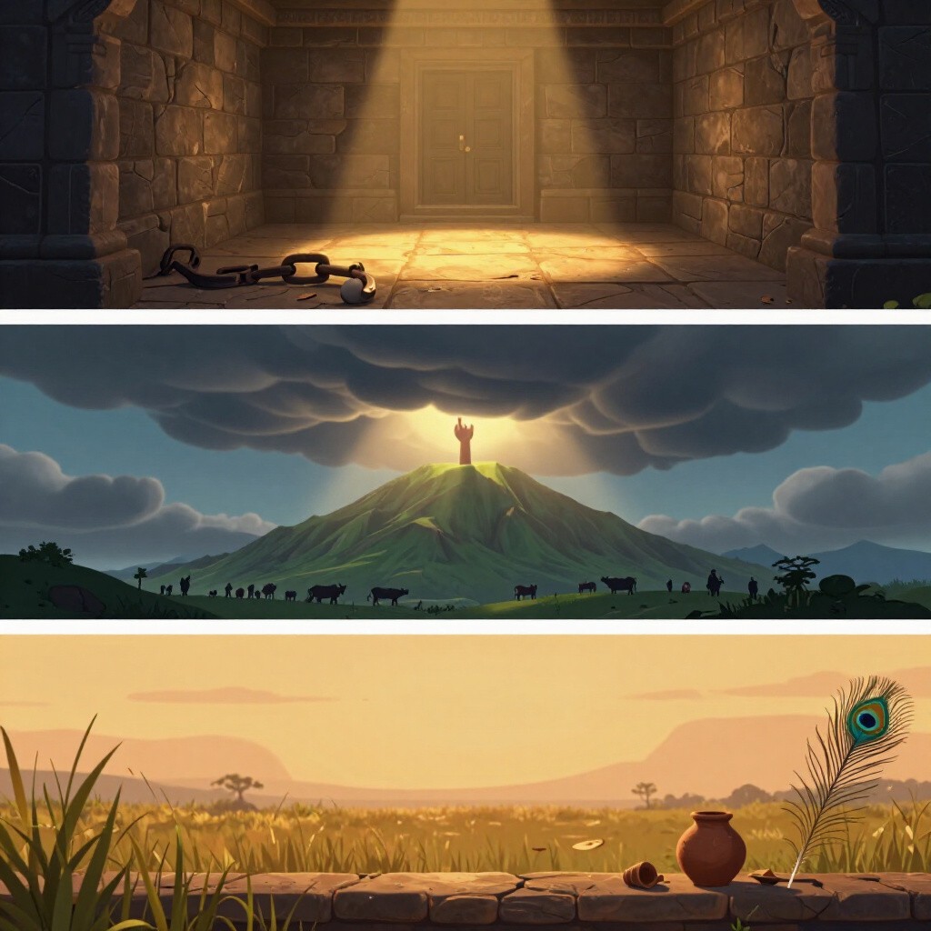 Concept art: a stone cell lit by gold light, a small hand lifting a green hill under storm clouds, and a clay pot and peacock feather at dusk.