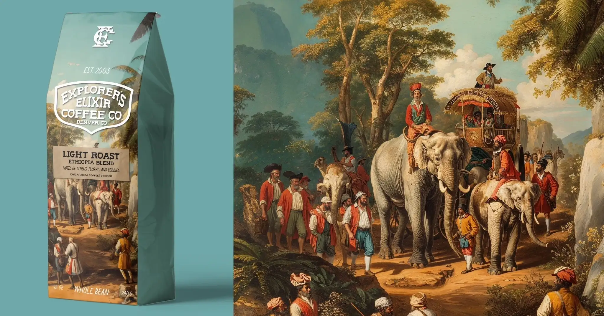 Explorer Elixir Coffee Packaging + AI Artwork
