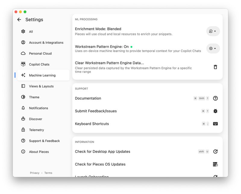 Settings of Pieces Copilot+