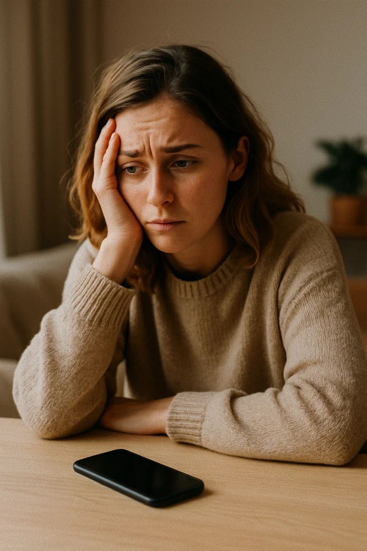 Woman looking overwhelmed by smartphone notifications.