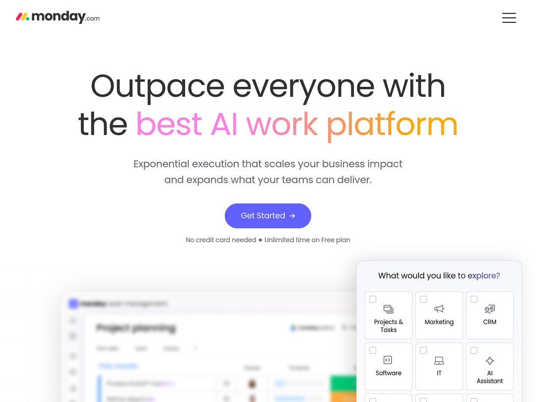 AI work platform with project management and exploration options.
