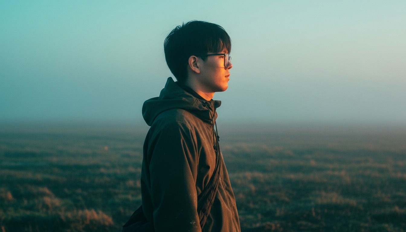 A person with curly hair and glasses smiles at the camera, seated in a cozy workspace with warm lighting.