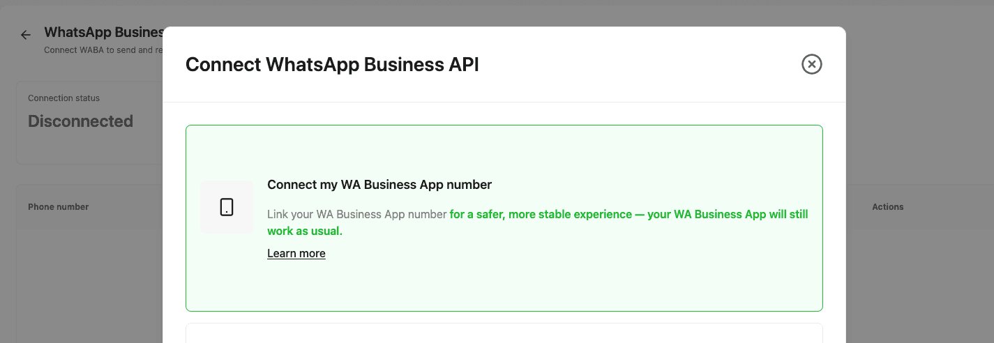 Existing WhatsApp Business App number selected for Coexistence connection.