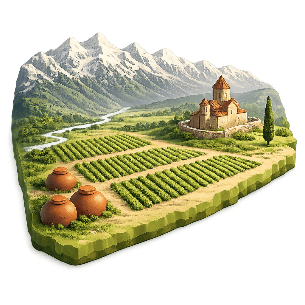 Artistic illustration of the Kakheti wine region.