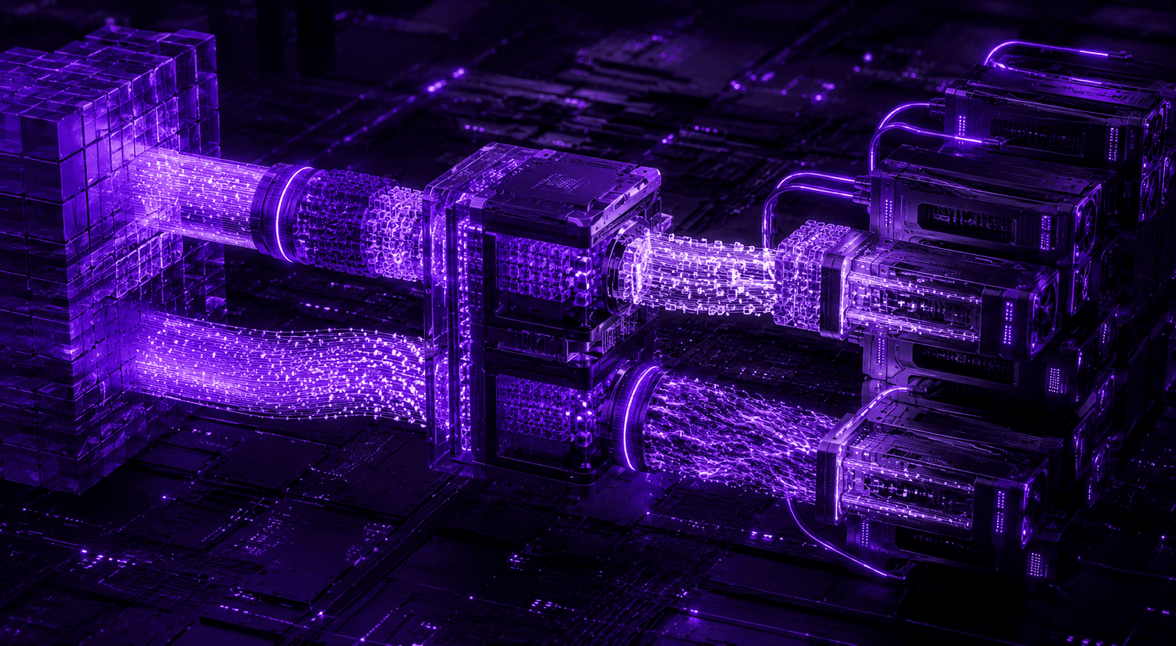 Futuristic purple-toned AI infrastructure scene showing compressed data streams flowing through interconnected compute modules and high-density accelerator nodes. The image visualizes KV cache optimization, asymmetric quantization pipelines, runtime orchestration, and high-concurrency AI inference across advanced GPU infrastructure, representing the engineering complexity behind low-latency large language model deployment.