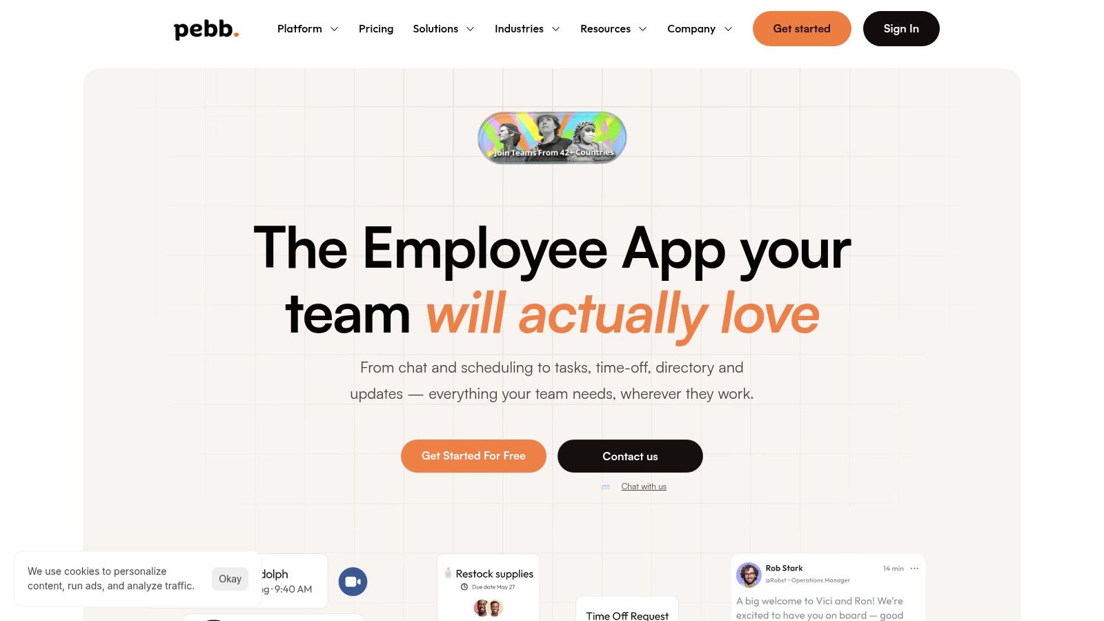 Pebb app showing a news feed with company announcements, shoutouts, and events.