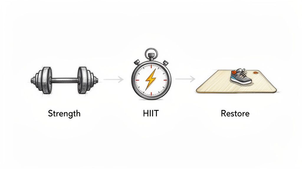 Three icons representing a fitness routine: a dumbbell for strength, a stopwatch for HIIT, and a mat for restore.
