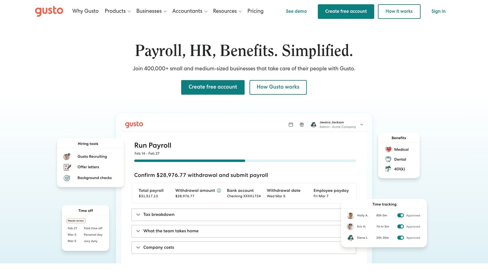 Gusto's payroll and HR dashboard showing employee information