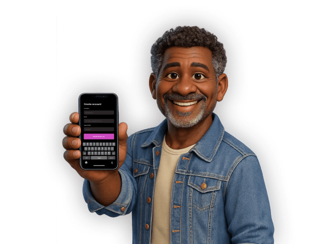 Illustration of a smiling man holding a smartphone displaying a “Create account” sign-up screen, wearing a denim jacket.