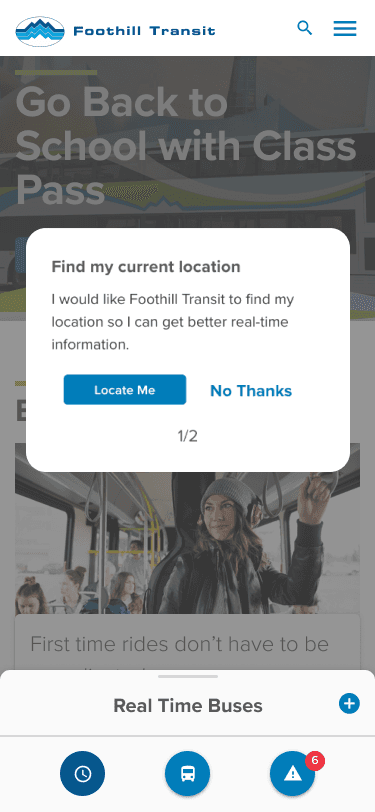 Foothilltransit.org mobile site modal asking the user if they would like to allow FHT to access their current location