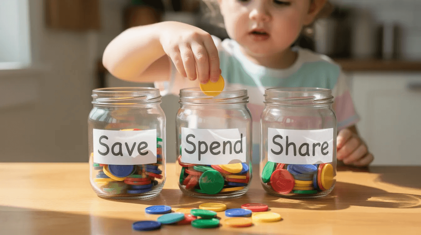 A young child is placing colorful coins into three labeled glass jars on a wooden table, symbolizing the importance of teaching kids about money management and inheritance. This activity can spark a family meeting to discuss financial responsibilities and the value of planning for the future.