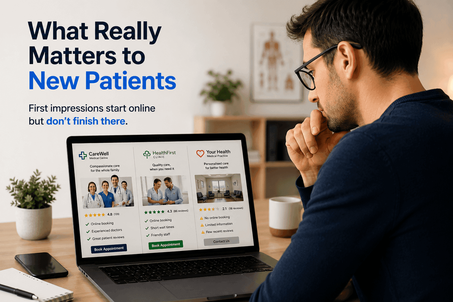 Professional article image showing a patient reviewing an outdated medical clinic website while highlighting the importance of first impressions, trust, and online patient experience.