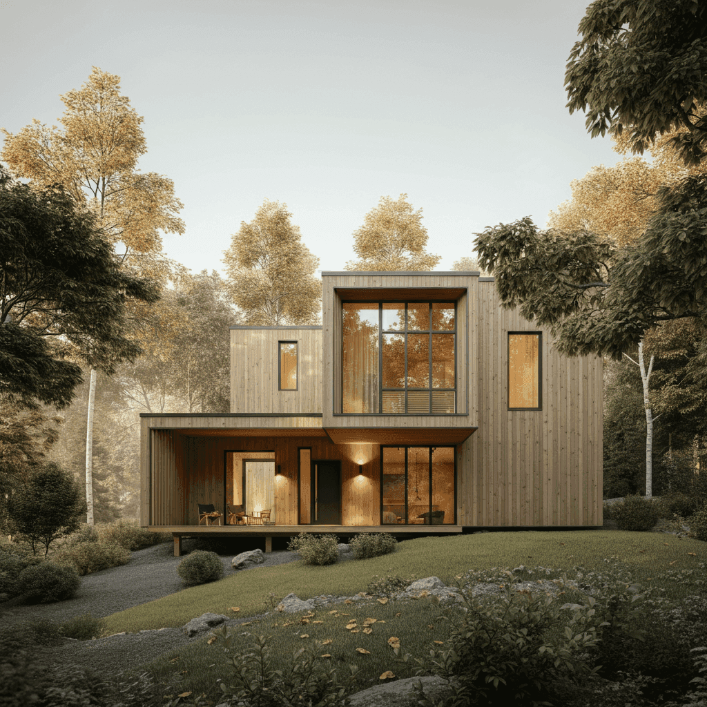 Modern wooden house in a forest setting.
